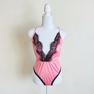 Pink Dot Black Lace Criss Cross V-Neck Bodysuit Sleep Pajama Onesie